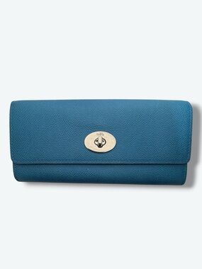 Coach Womens Leather Wallet Teal Long Clutch Accordion Organizer Turnlock